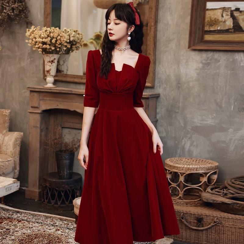 Váy nhung tay lỡ xẻ ngực dáng dài vintage sang chảnh - P3/K8