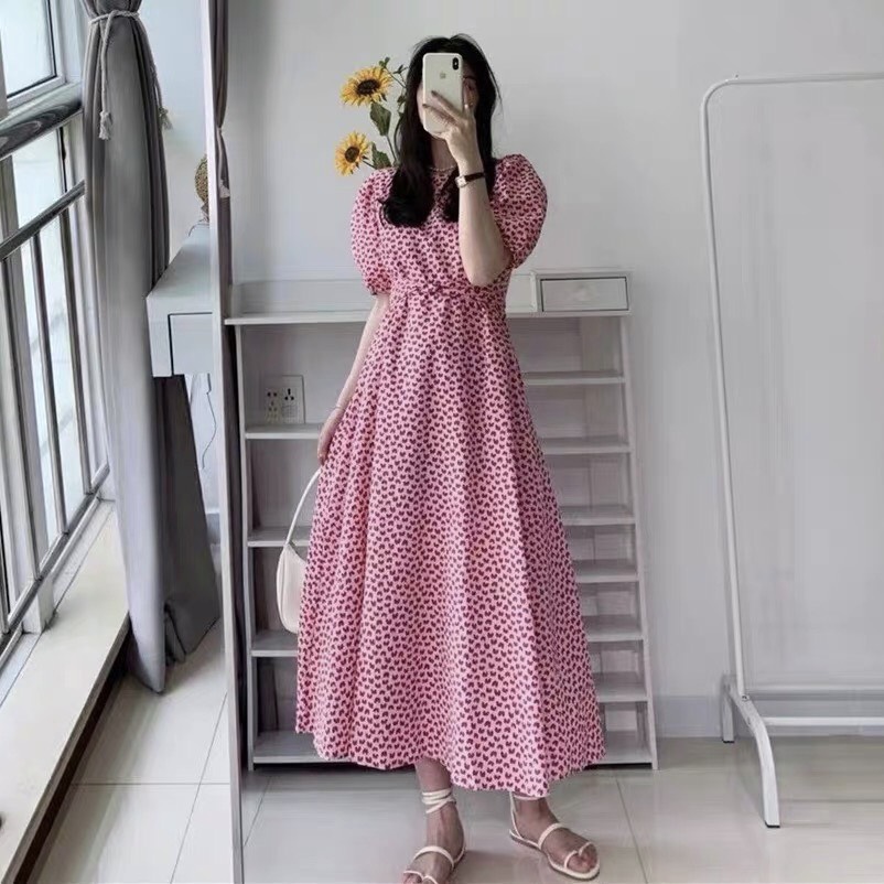 Váy Xoắn Eo Tay Bồng Tim Hồng V24- P0/K33