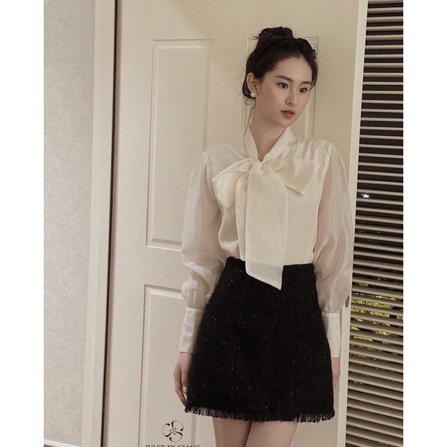 Áo sơ mi tiểu thư  tay bồng cổ nơ khuy ngọc 530 P1/K1