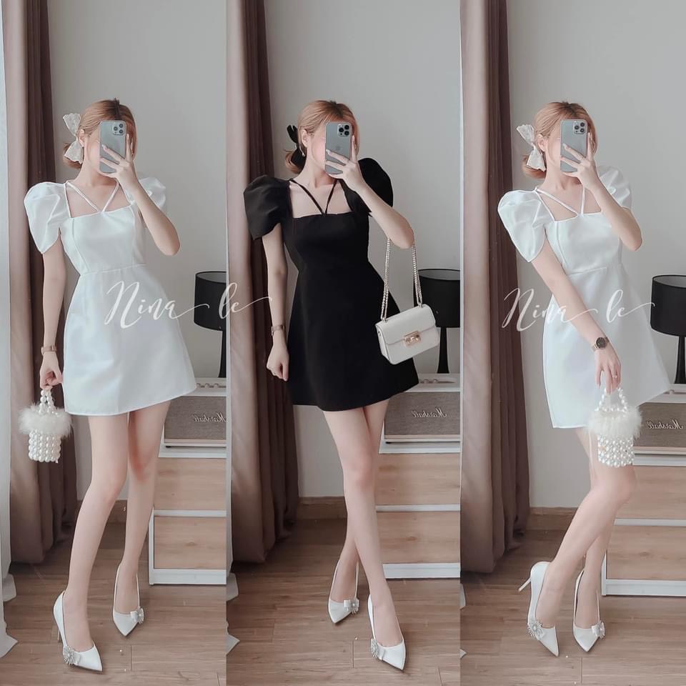  VÁY CỔ VUÔNG BUỘC DÂY TAY BỒNG