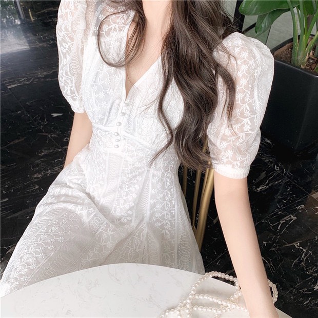 VÁY THÔ REN TRẮNG CỔ V CÚC NGỌC 2 LỚP 
