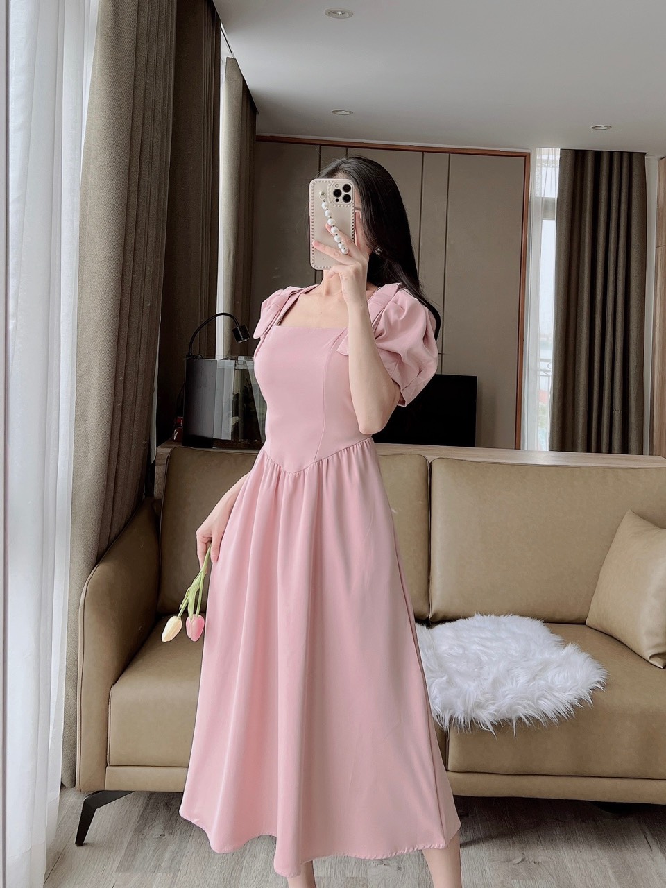 VÁY NƠ VAI CỔ VUÔNG TAY BỒNG 111