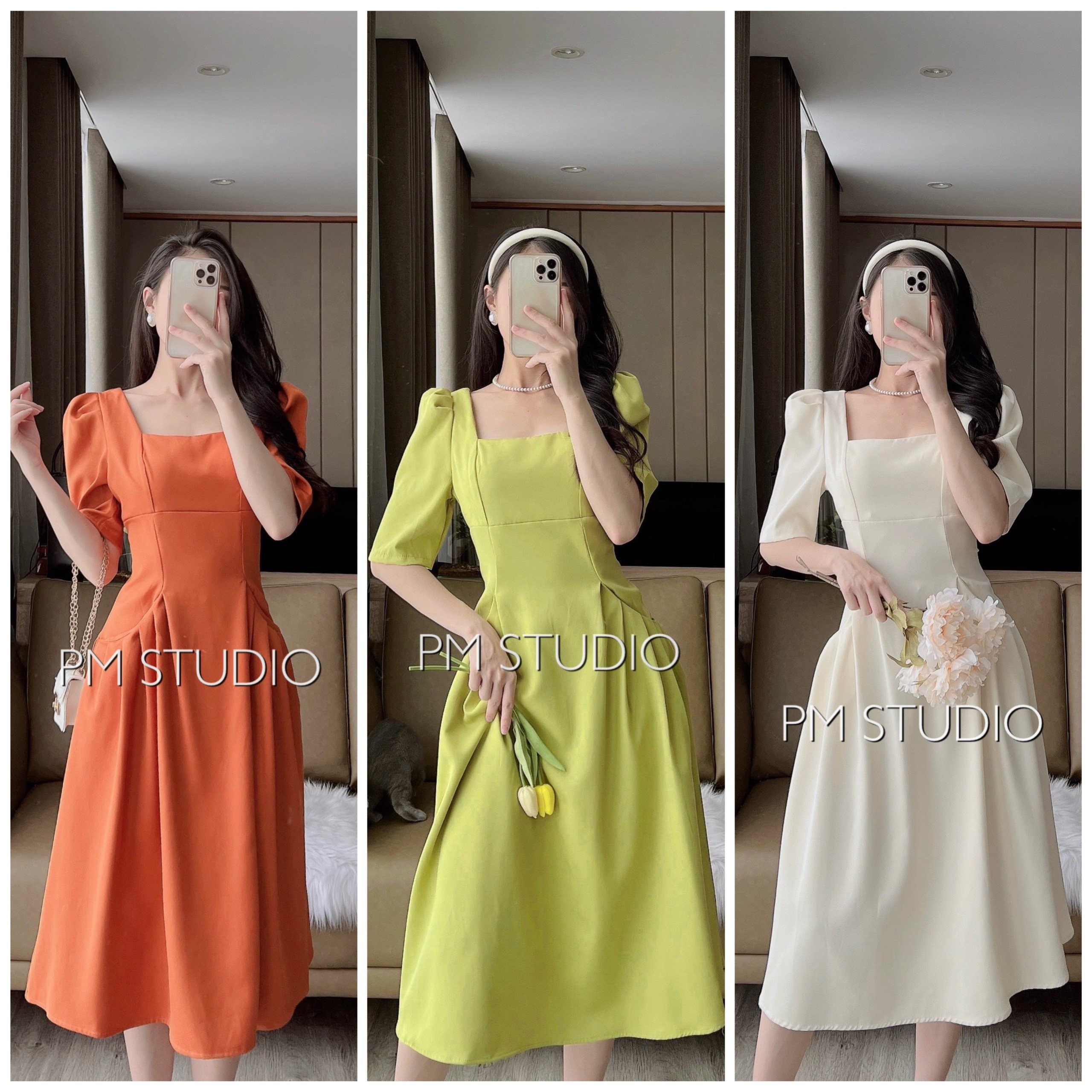 Váy cổ vuông 2 túi ly dọc