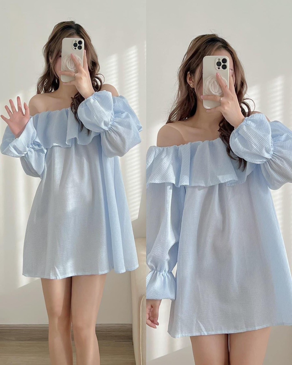  Váy trễ vai kẻ xanh VayD316