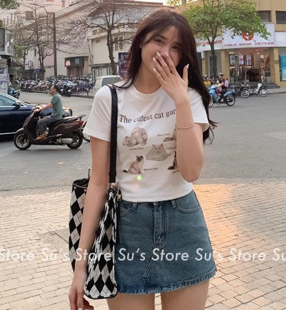 Aothunhinhmeo955 Áo phông croptop hình mèo