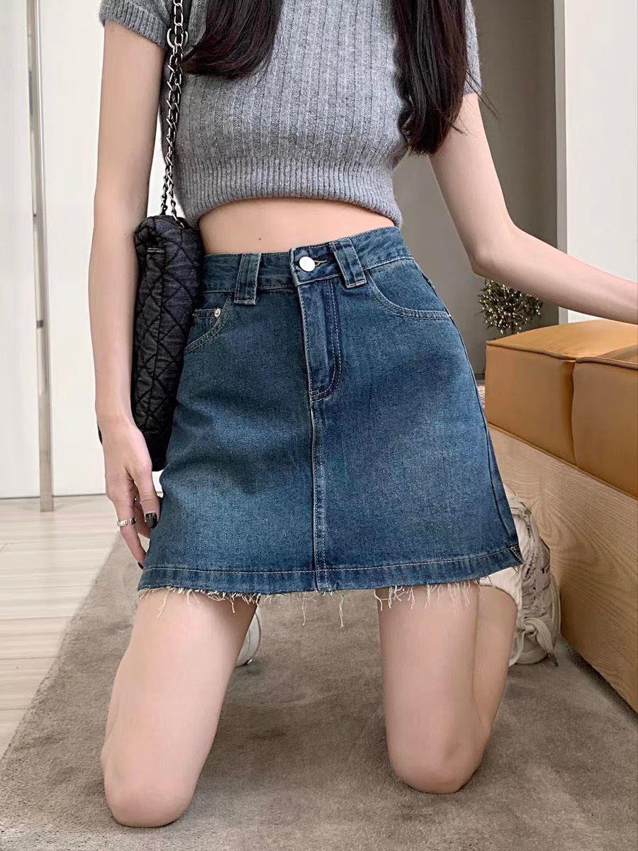 Cv7014_Chân Váy jeans ngắn cạp cao tua gấu
