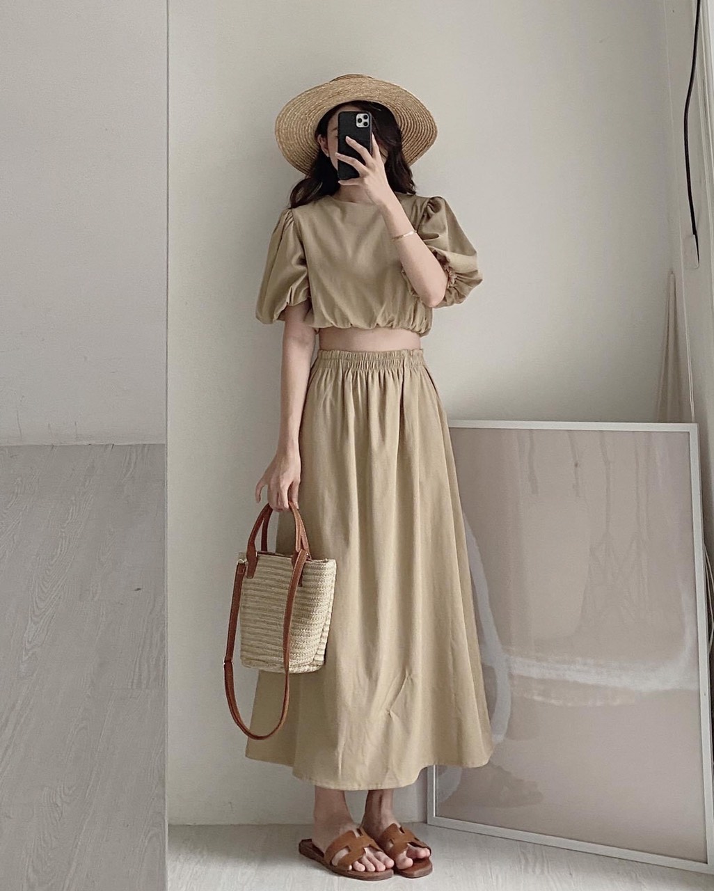 SetVay3361 Set áo croptop bo chun eo tay bồng mix chân váy midi dáng dài  