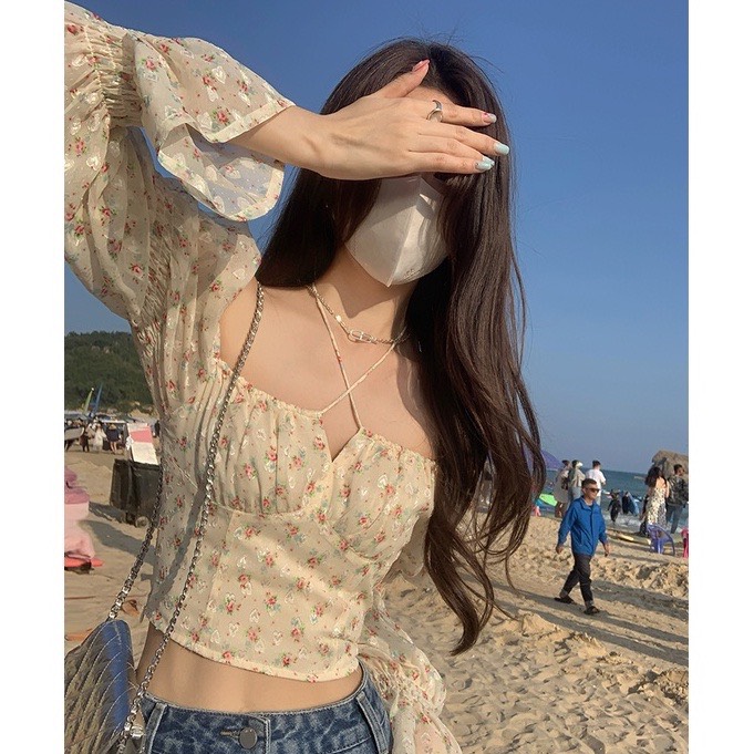 Aohoanhi2976 Áo croptop hoa nhí cổ vuông tay phồng