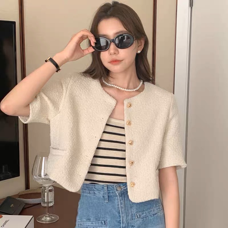 Aoda2960 Áo dạ tweed cộc tay khuy tim