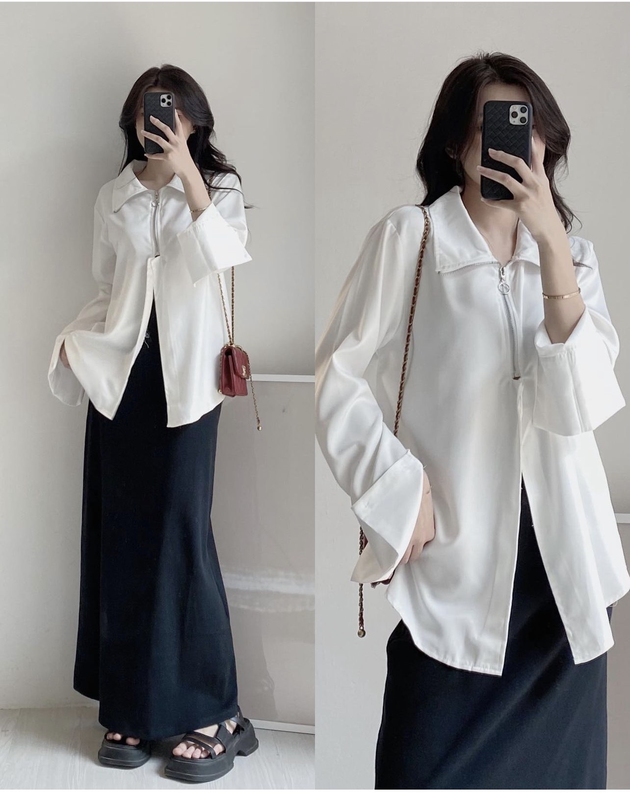 Aophoikhoa2917_Trang Áo sơ mi trắng tay dài dáng rộng phối khoá kéo Hàn quốc