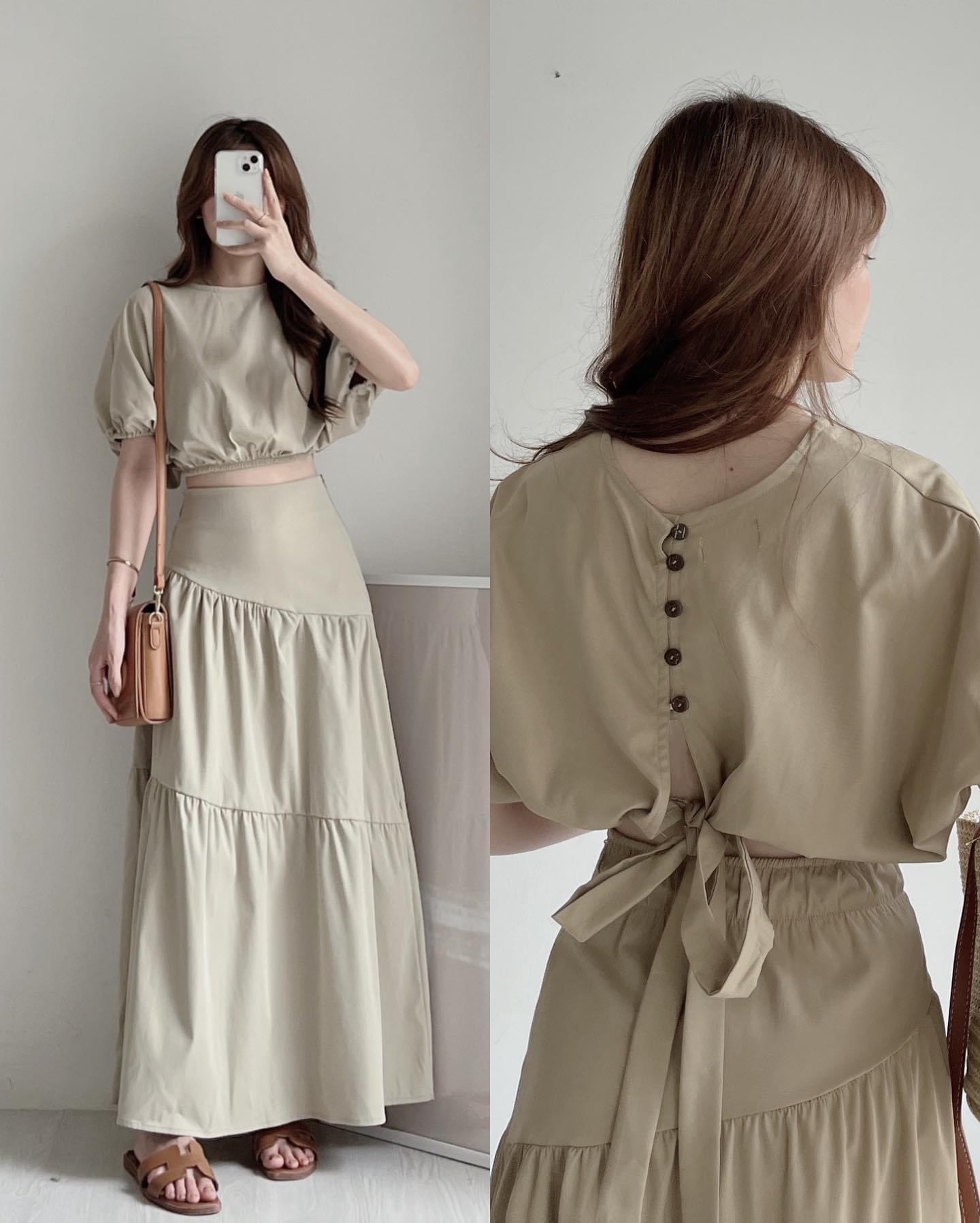 Sét áo croptop tay bồng kèm chân váy dài  070