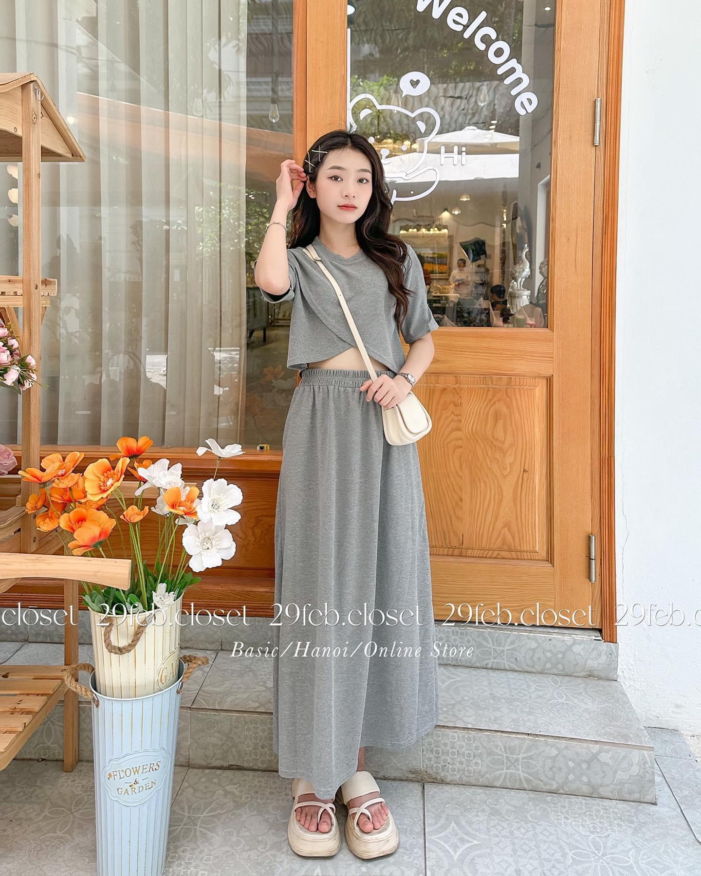 Áo vạt chéo và kèm chân váy suông dài chất tổ ong - 247Store.vn - VayA291