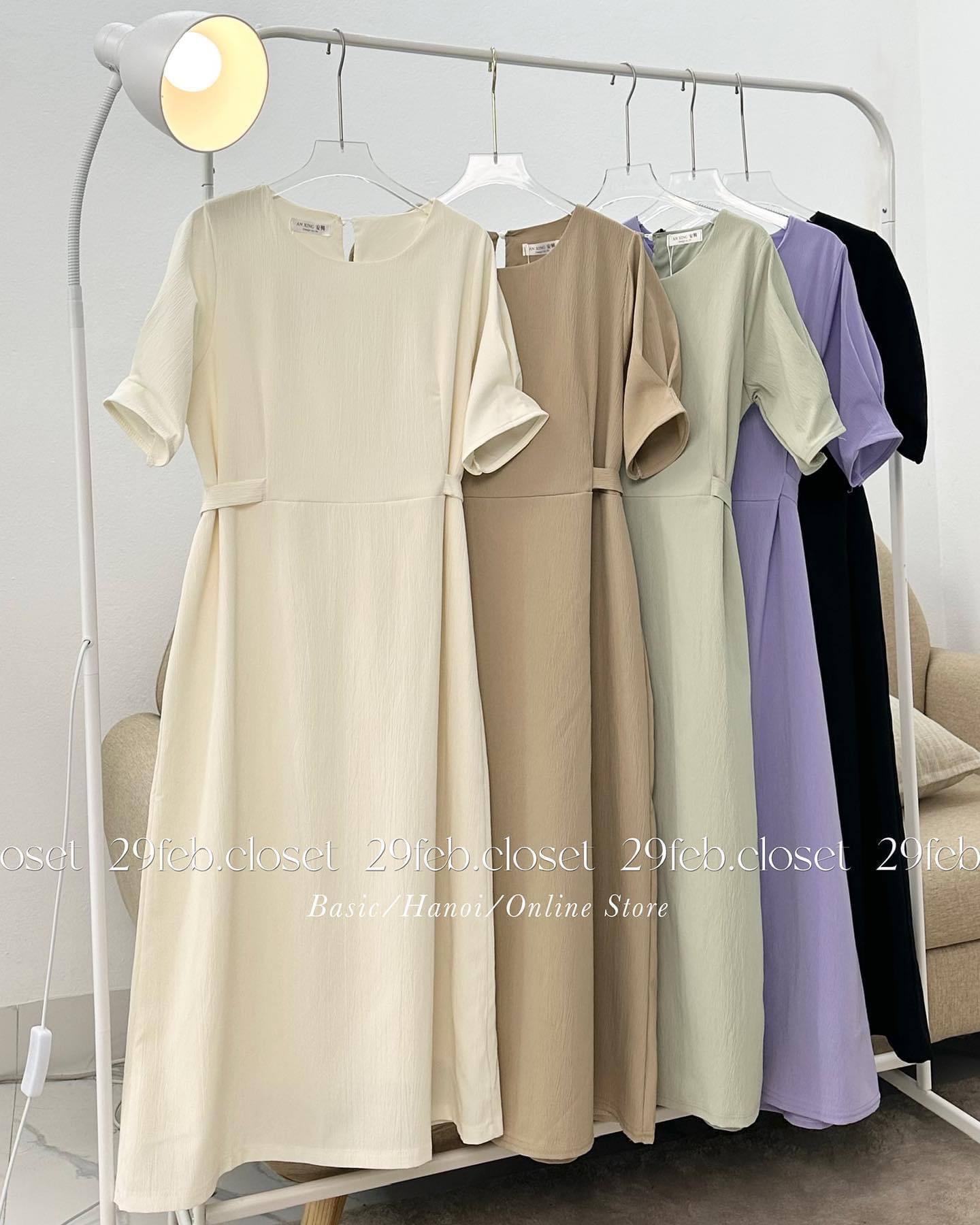 Váy suông cổ tròn 2 lớp chất đũi sần nơ eo - 247store.vn - VayA951_P2K7 - VayA951