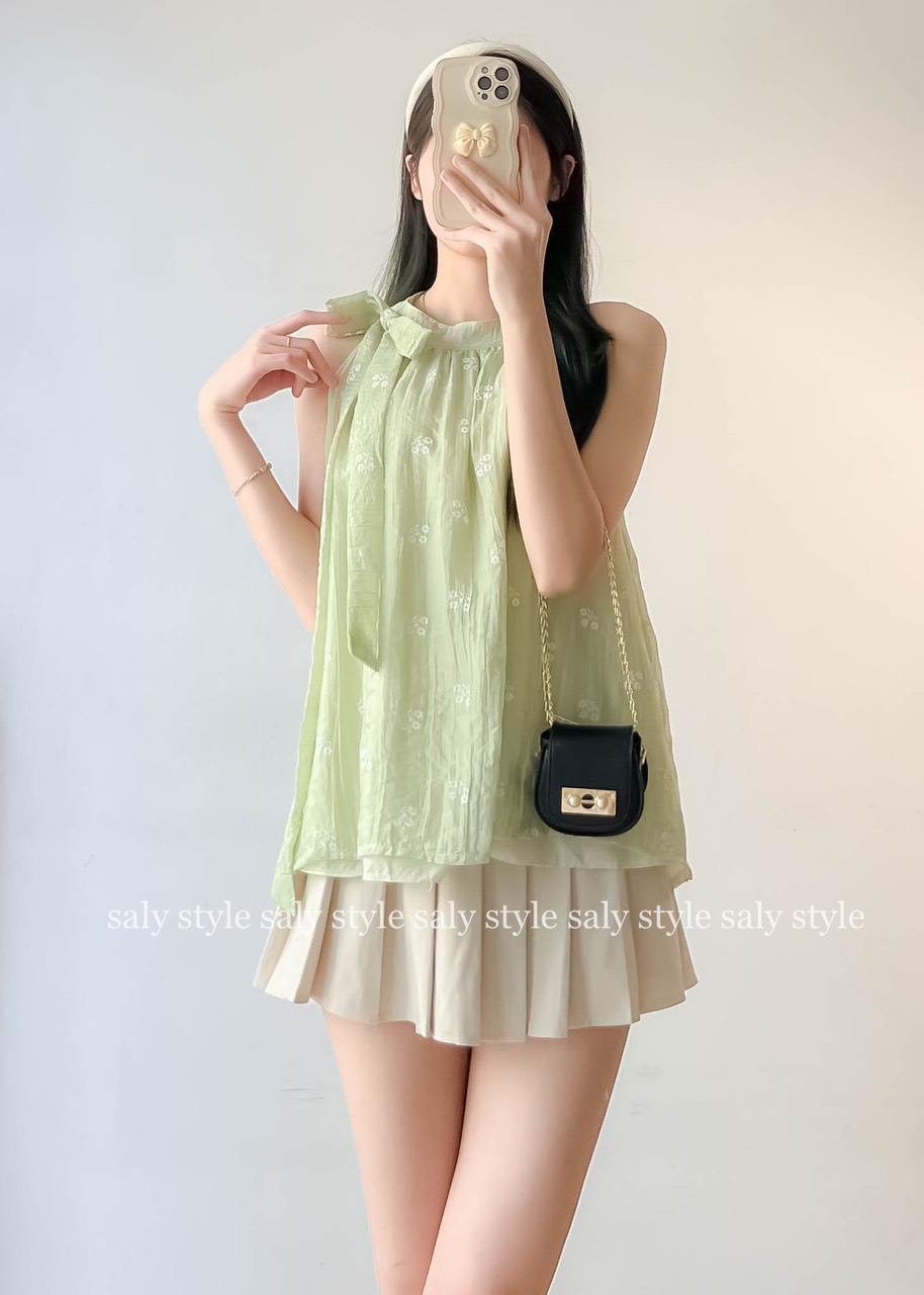 Áo yếm tơ thêu hoa cổ nơ xinh xỉu - 247Store.vn - Setaoyemtotheuhoa3375