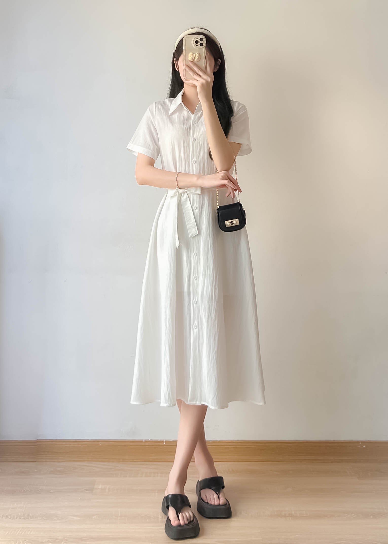 Váy sơ mi cổ bẻ dáng dài cộc tay kèm đai thắt eo nhẹ nhàng thanh lịch - 247Store.vn - Vaysomi3029