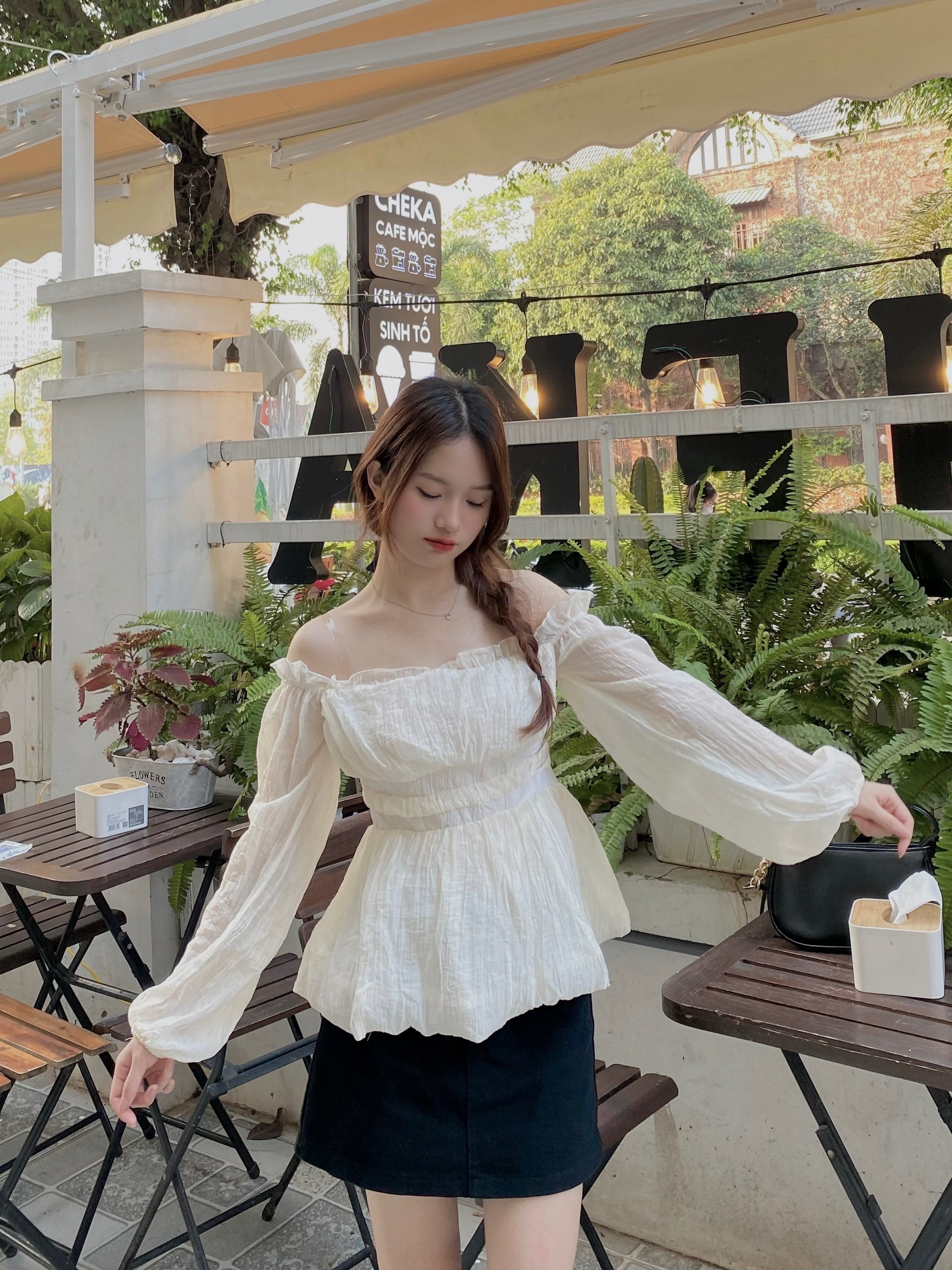 Áo trễ vai bo eo dài tay bồng - 247Store.vn - Aotonhantrevai083