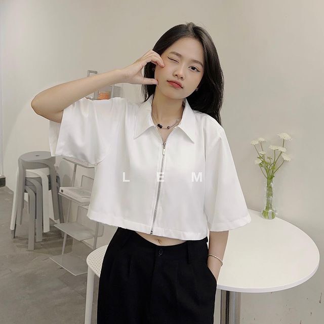 Áo sơ mi nữ dáng croptop có khóa kéo, 2 màu Aocrtkhoa3019