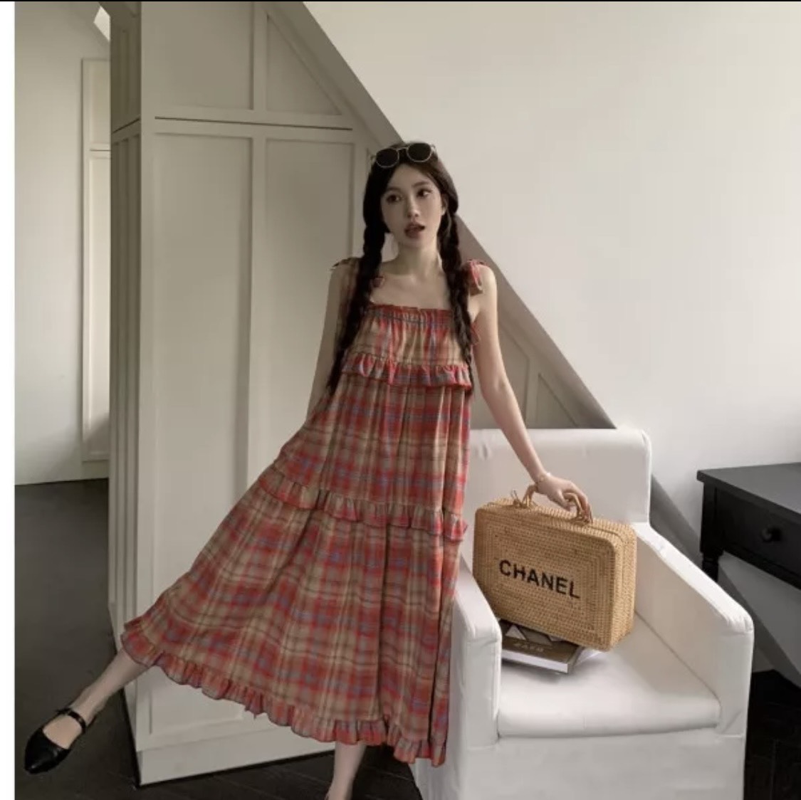Váy 2 dây caro đỏ vintage dáng dài, đầm dài hai dây sọc caro dáng xoè chữ A bánh bèo tiểu thư  Vay1789_KedoP3K4