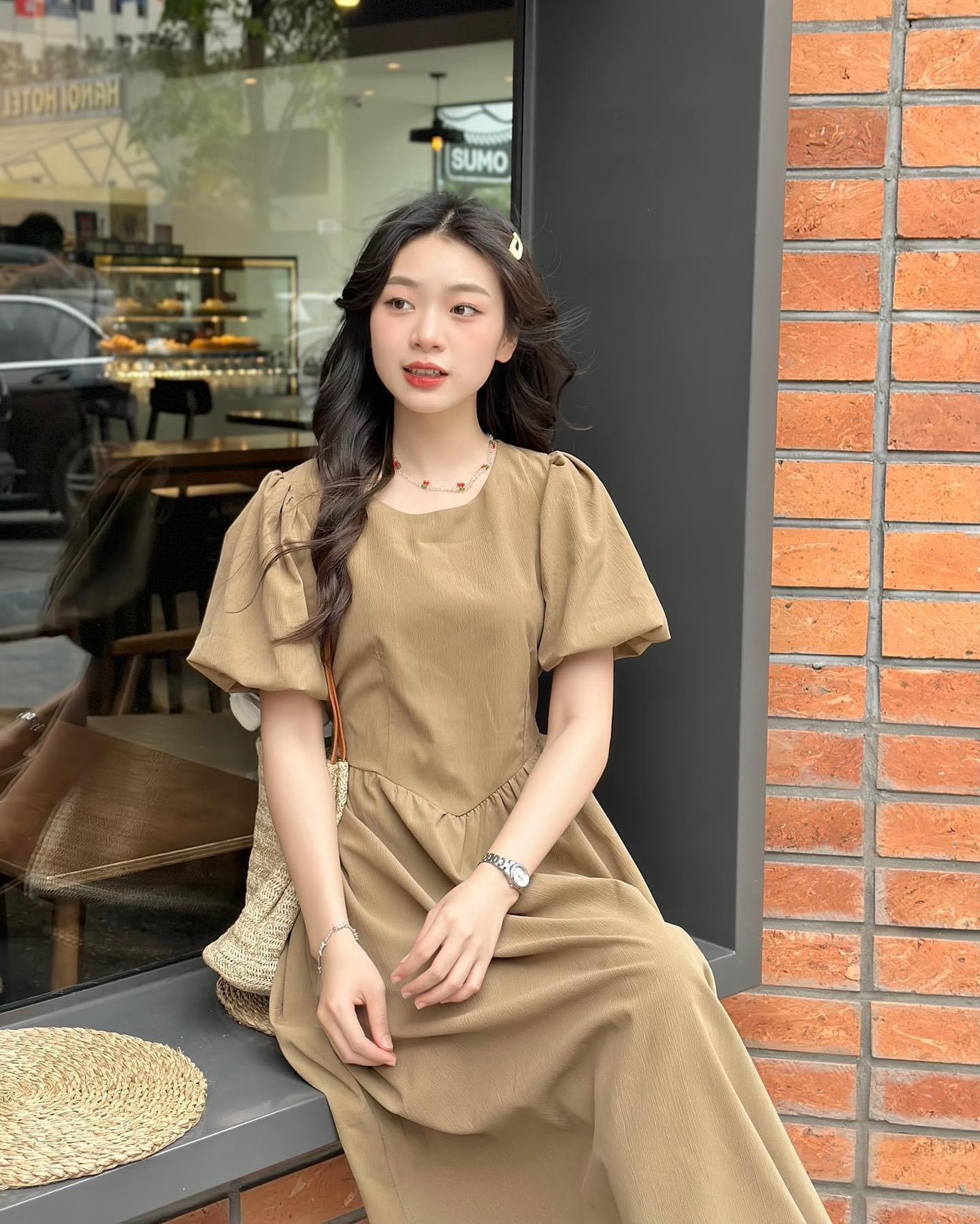 Vay6214 Váy tay bồng nữ DORA.style chất đẹp phối 2 lớp buộc nơ, thiết kế đơn giản basic Vay6214