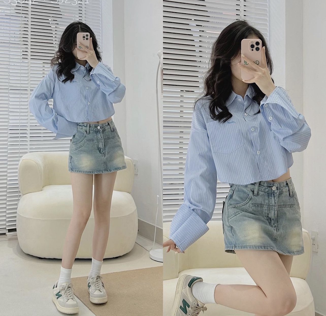 Áo sơmi croptop tay dài kẻ sọc thêu chữ nhỏ trước ngực xinh xắn 3042