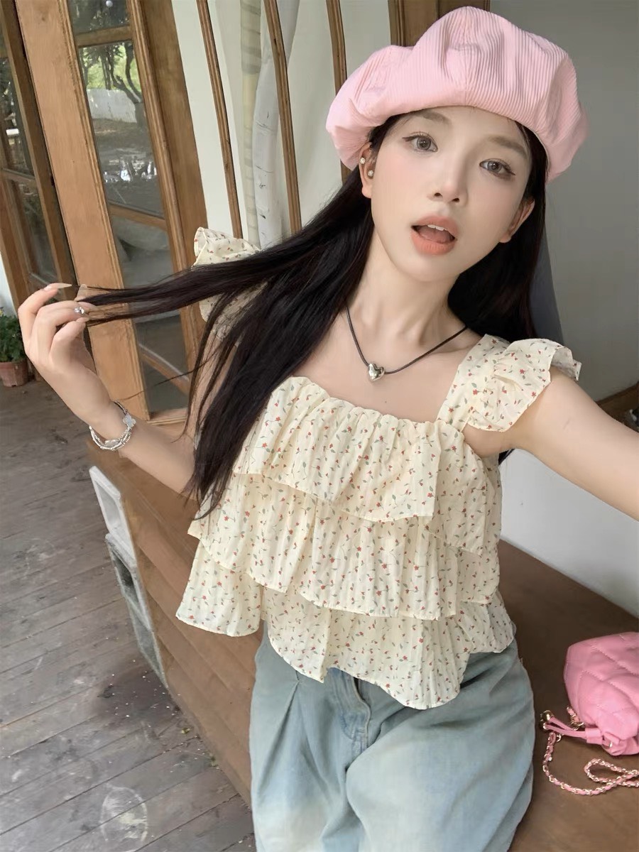 Áo kiểu cổ vuông 2 dây hoa nhí xinh xắn  Kiểu áo bèo 3 tầng hoa nhí vintage  Ao2s8890
