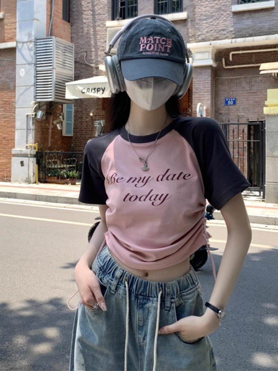 Áo thun babytee cổ tròn Be my date today phối dây rút hách eo_ AoBemytoday_4445_ P13K11 