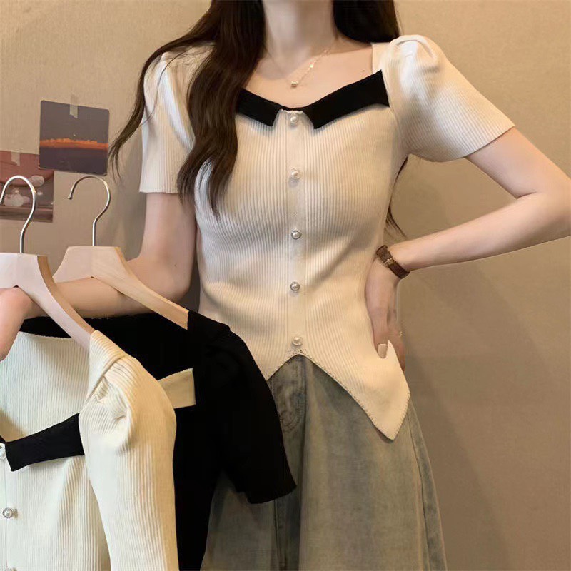 Áo len sweater tay ngắn cổ vuông phong cách hàn quốc Aolenphoico_P11K13