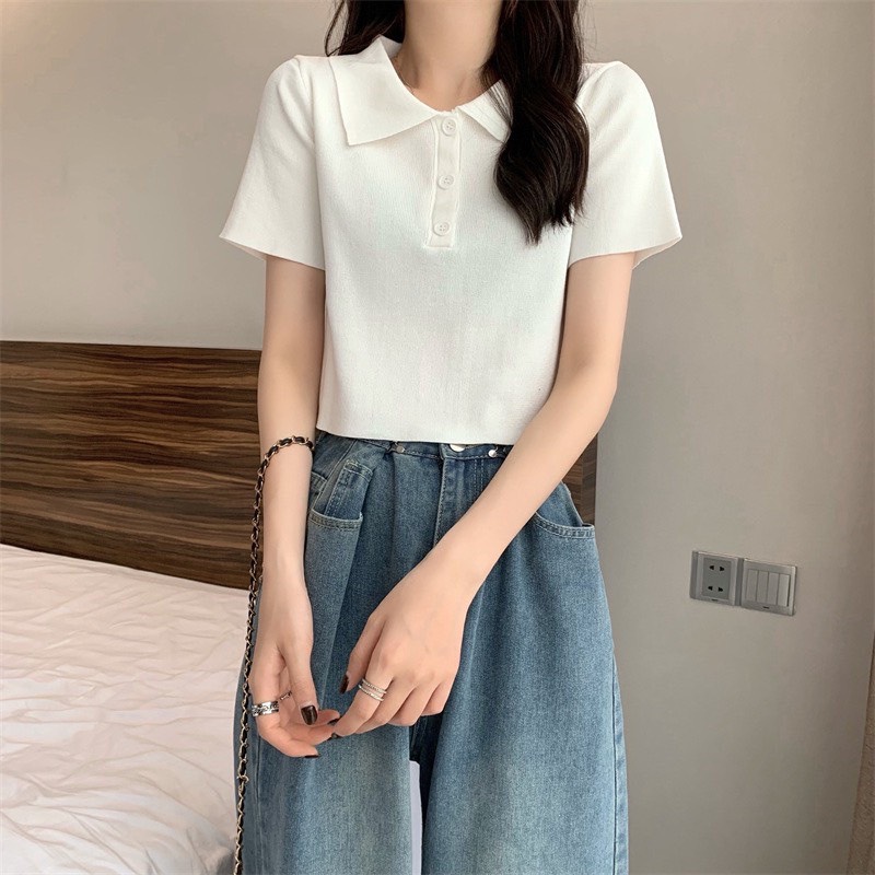 Áo croptop nữ chất len dệt kim hàng Quảng Châu  AolenPolo_P0K9