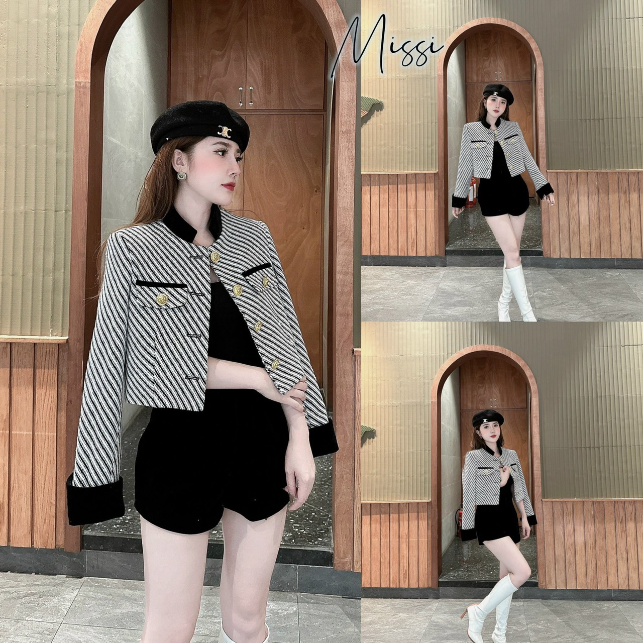 Aodatweed_P13 Áo dạ tweed croptop chất dạ tweed kẻ muối tiêu cổ trụ sang chảnh