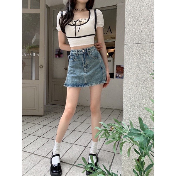 Chân váy jean chữ a dáng ngắn cạp cao tôn eo Mã 9827 Vị trí_P13K2