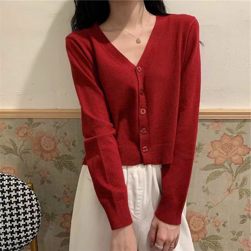 Áo khoác cardigan len nữ dệt kim kiểu cổ tim tay dài tay Cadigan038