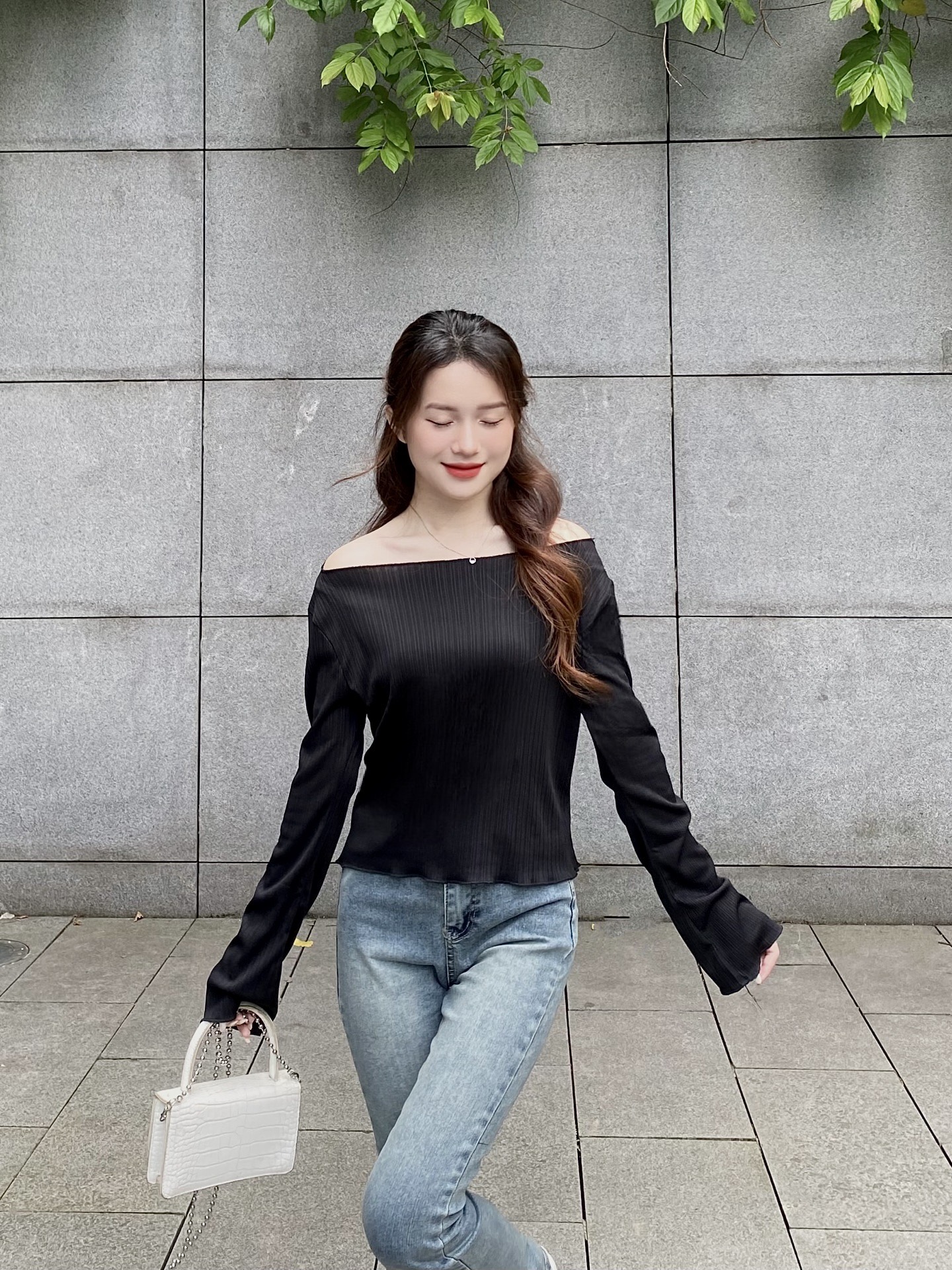 Áo dệt kim trễ vai  dài tay  Aodetkim6946