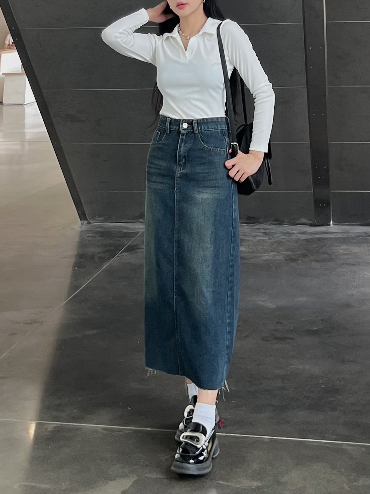 chân váy jeans trơn dáng dài cắt gấu  CVJeanxesaucatgau9938 