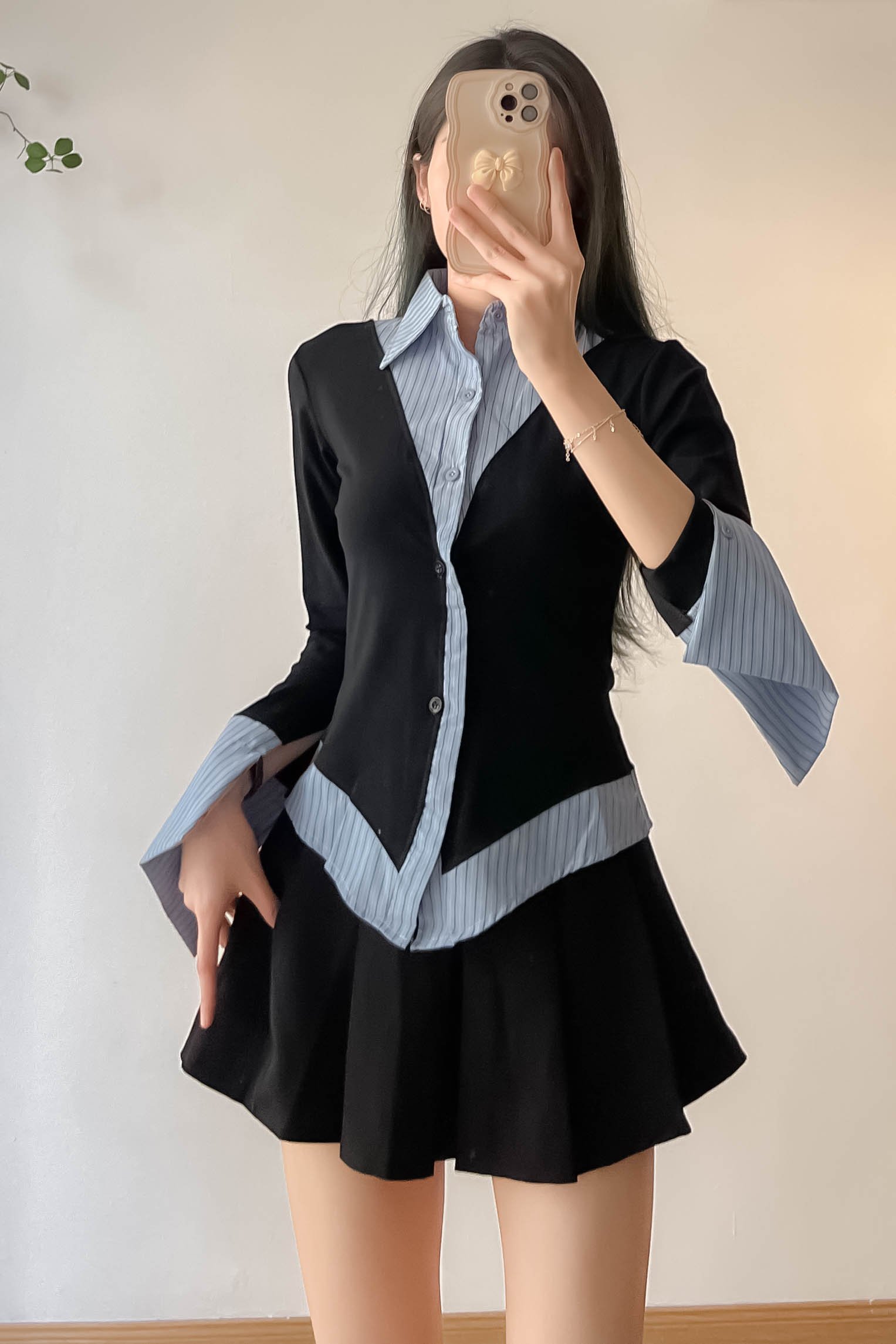 Áo thun đen phối sơ mi  Aothunphoisomi8913 
