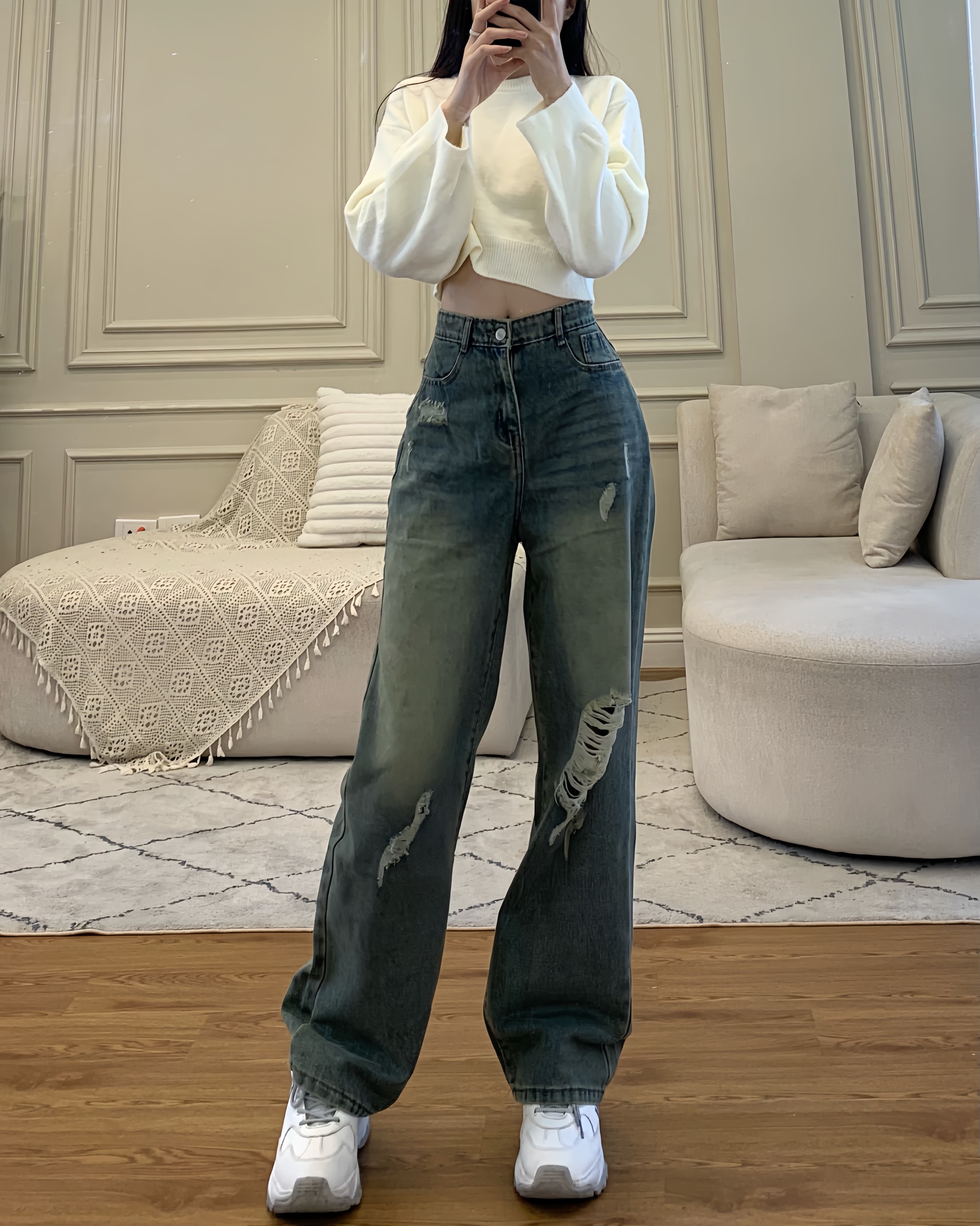 Quần Jean Lưng Cao Ống Suông  Quanjeanrach9301 