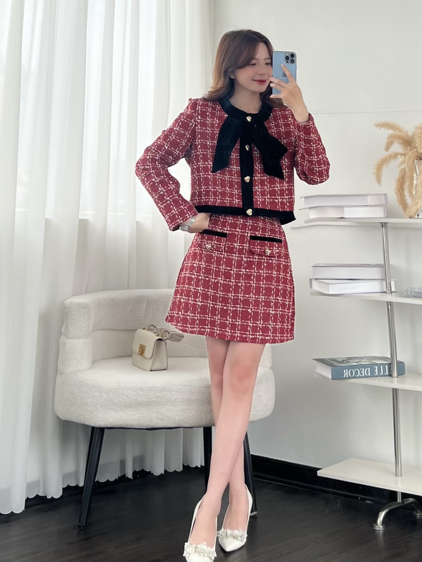Set áo dạ tweed đính nơ kèm chân váy  Setdake979 