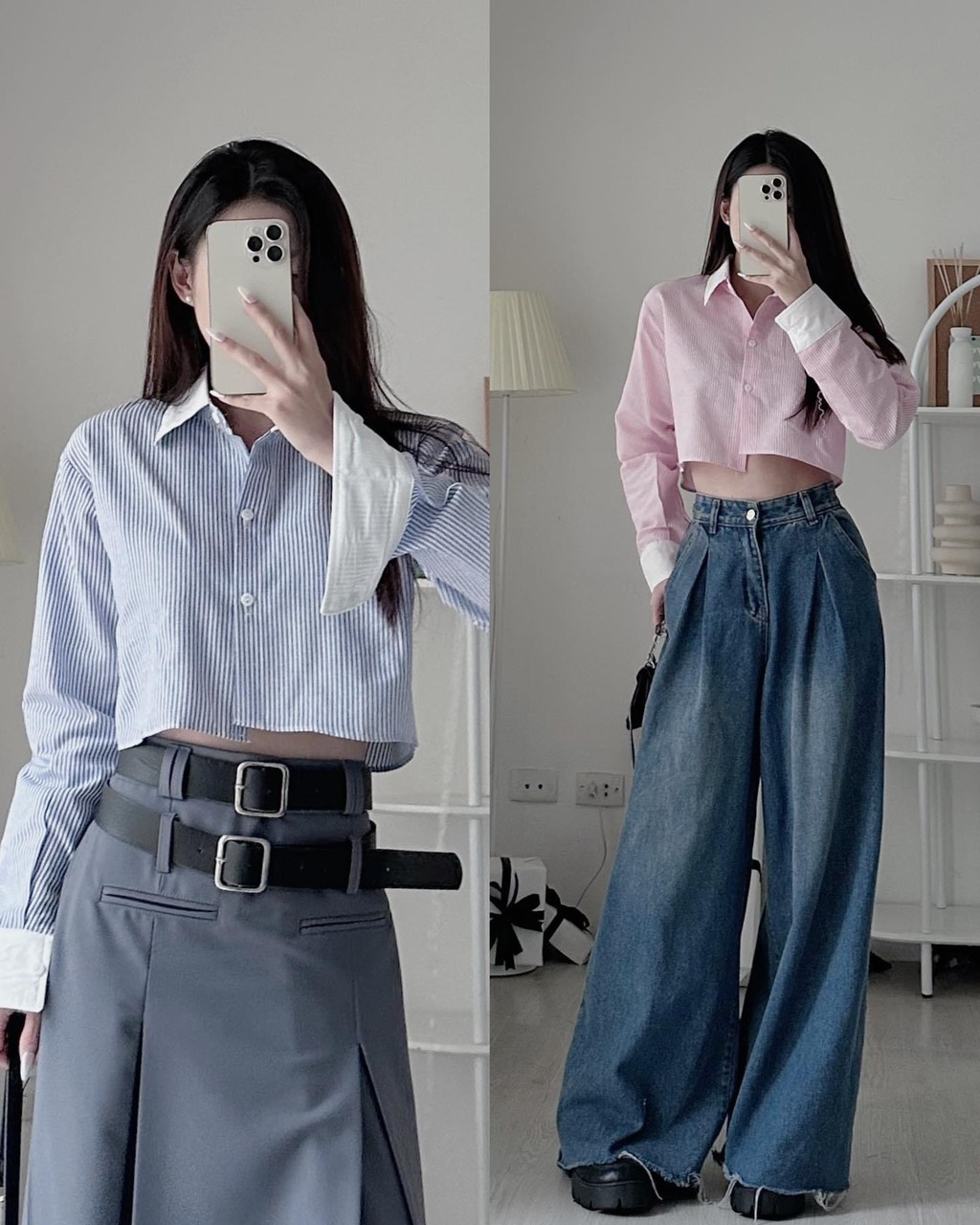 Áo sơmi kẻ croptop phối cổ viền  Somicrt3195 