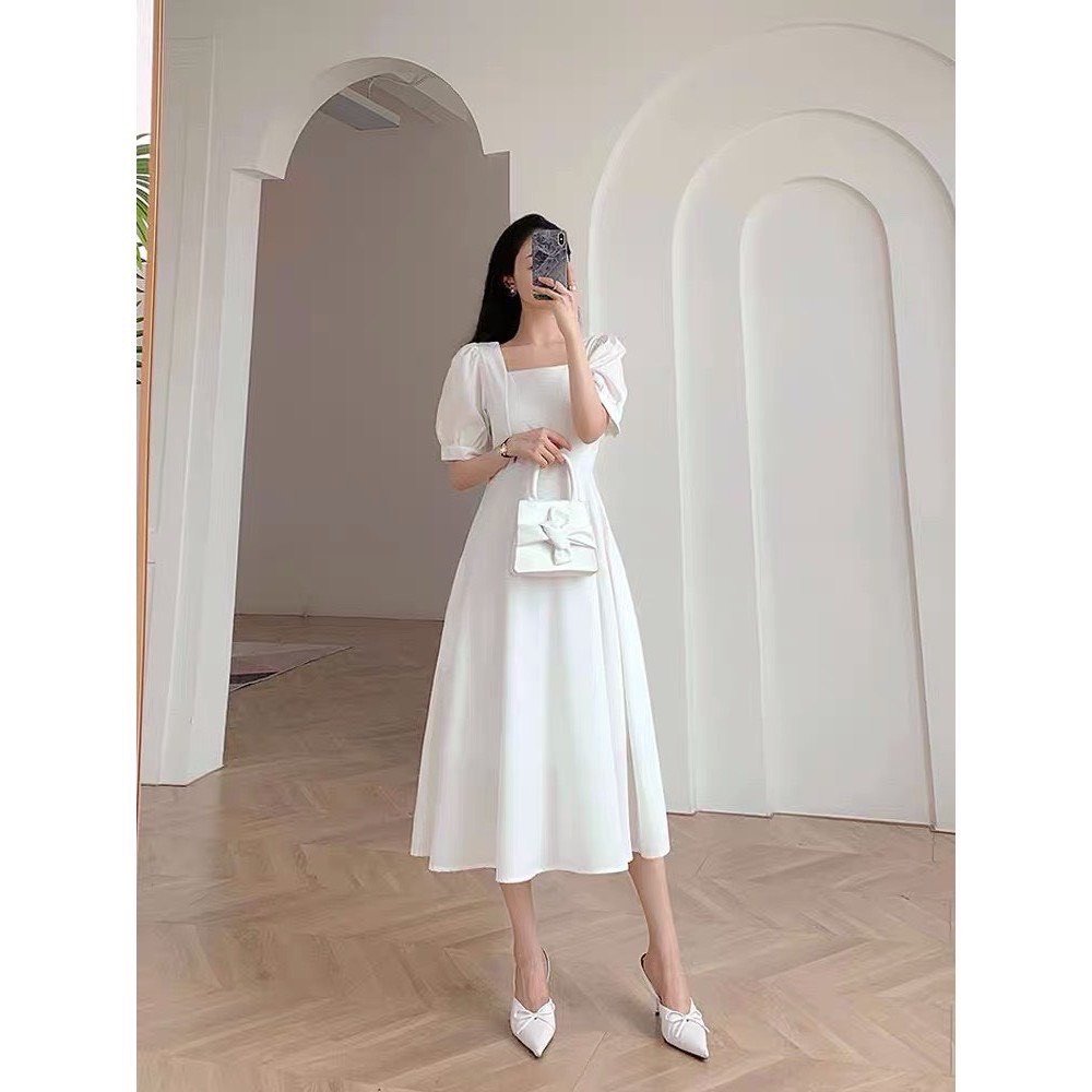 Váy Cổ Vuông Tay Bồng  Vaycovuongcoc125 