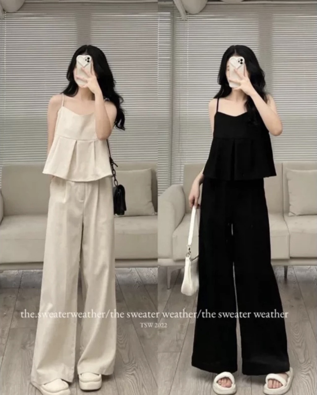 Set áo hai dây lưng chun và quần suông dáng dài Set565 