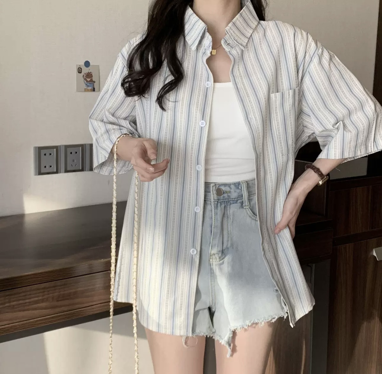 Áo sơ mi kẻ sọc dáng rộng cộc tay  Somi107