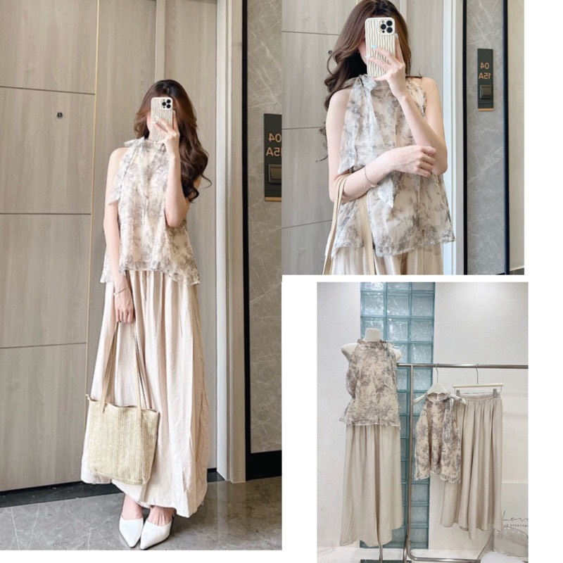 Sét áo cổ yếm mix quần đũi Set2405