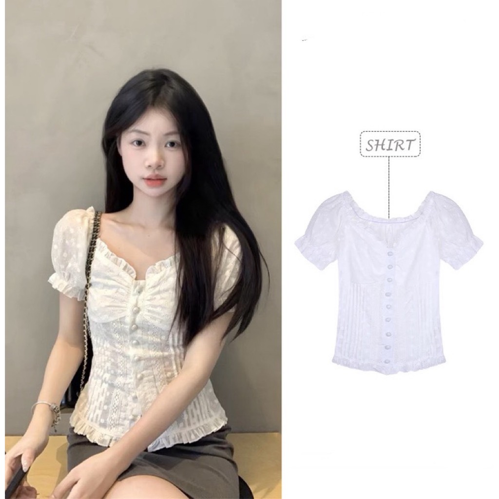 Áo ren trắng cúc bọc Aoren9020