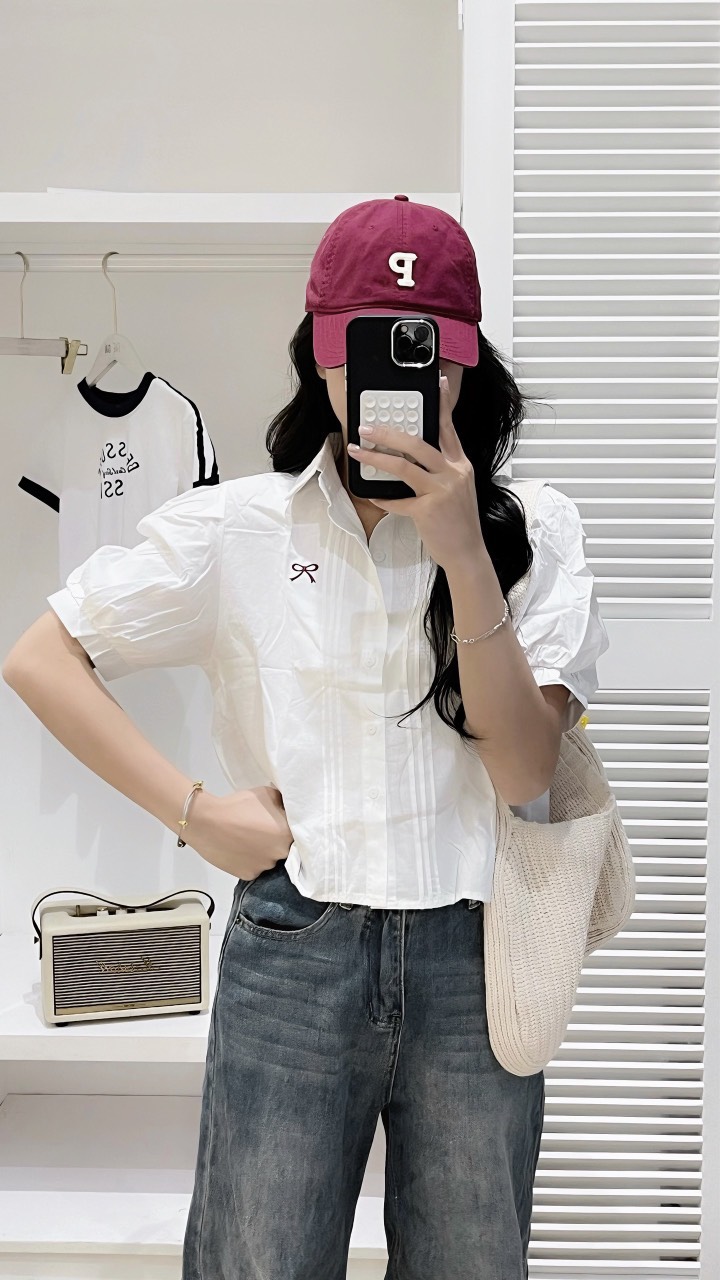 Áo sơ mi Thêu Nơ Tay Bồng  dập li ngực  SMtheunodaply2401