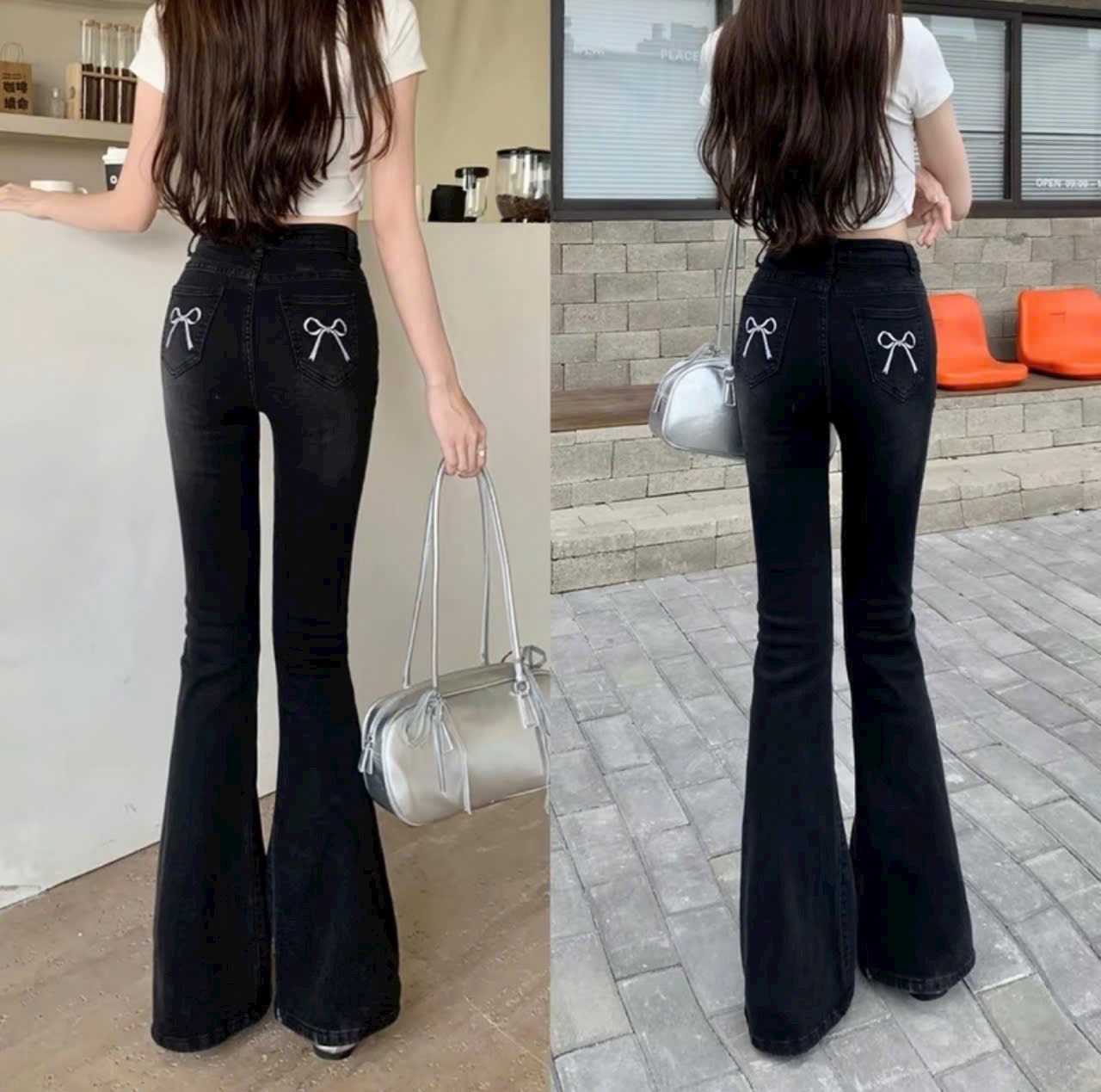 Quần JEANS ống loe co giãn thêu nơ túi sau Jeanloeno4438