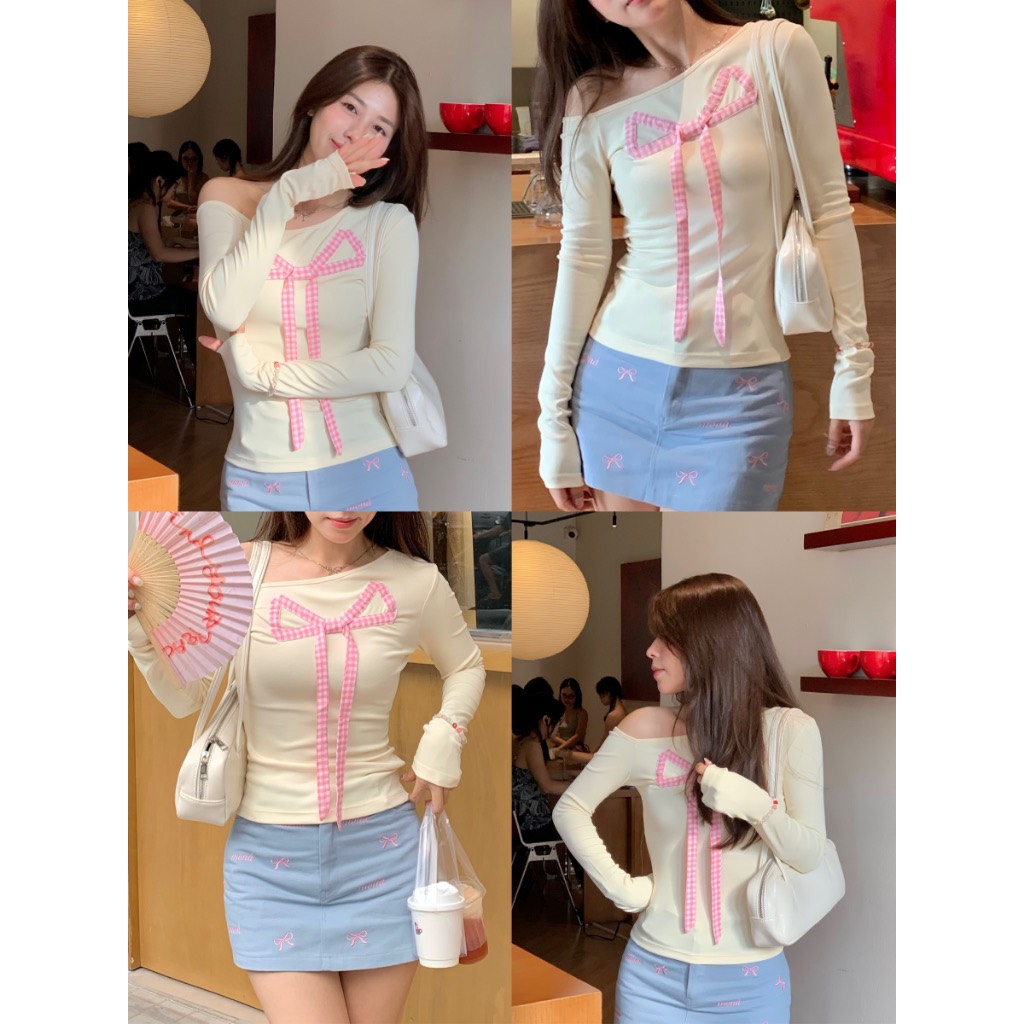 Áo vai lệch dài tay chất zip đính nơ kẻ Aothun440