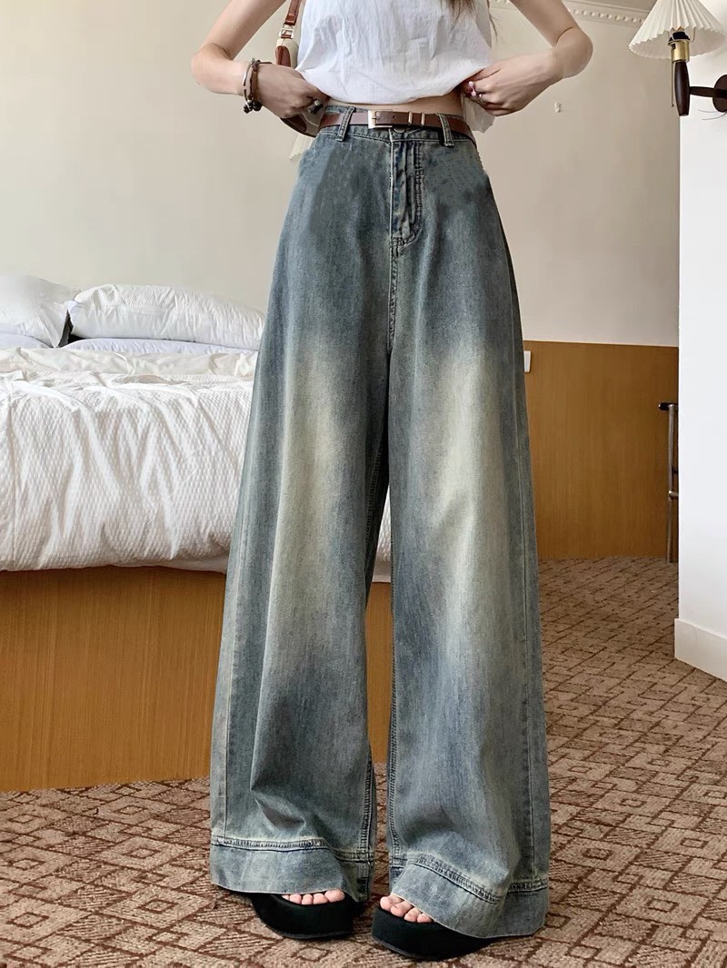 Quần jeans suông ống rộng màu xanh retro Jeangauto668